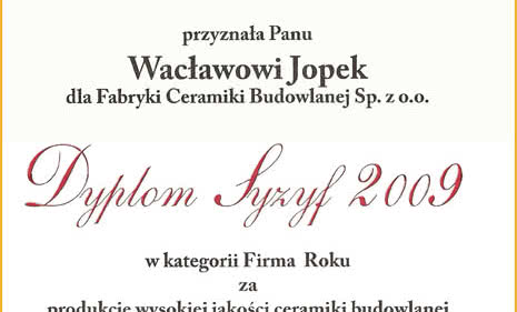 Dyplom Syzyfa 2009 dla Fabryki Ceramiki Budowlanej JOPEK