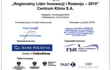 Mazowieckim Liderem Innowacji 2010 roku została firma Centrum Klima